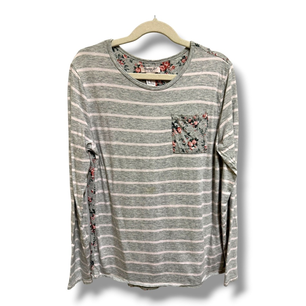 Forever 21 Girls Grey Pink Striped Floral Mixed Media Long Sleeve Top Size 13/14